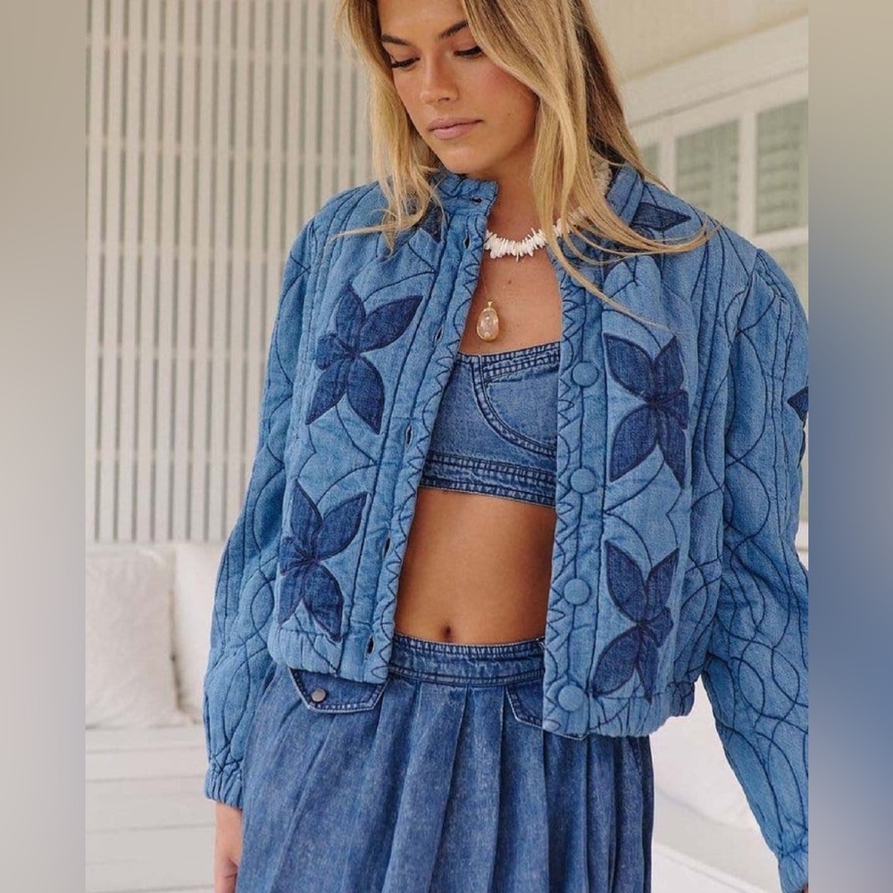 Free People Blue Floral Quilted Jacket